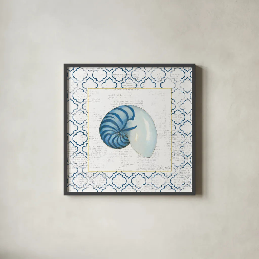 Navy Nautilus Shell on Newsprint with Gold by Emily Adams. Shown in a sleek black glass frame for a contemporary gallery look. Available as an archival giclee rolled canvas, fine art paper, or poster print. SKU 23559a.