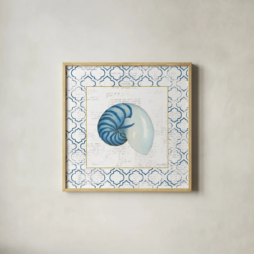 Navy Nautilus Shell on Newsprint with Gold by Emily Adams. Shown in a natural wood glass frame for a timeless modern aesthetic. Available as an archival giclee rolled canvas, fine art paper, or poster print. SKU 23559a.