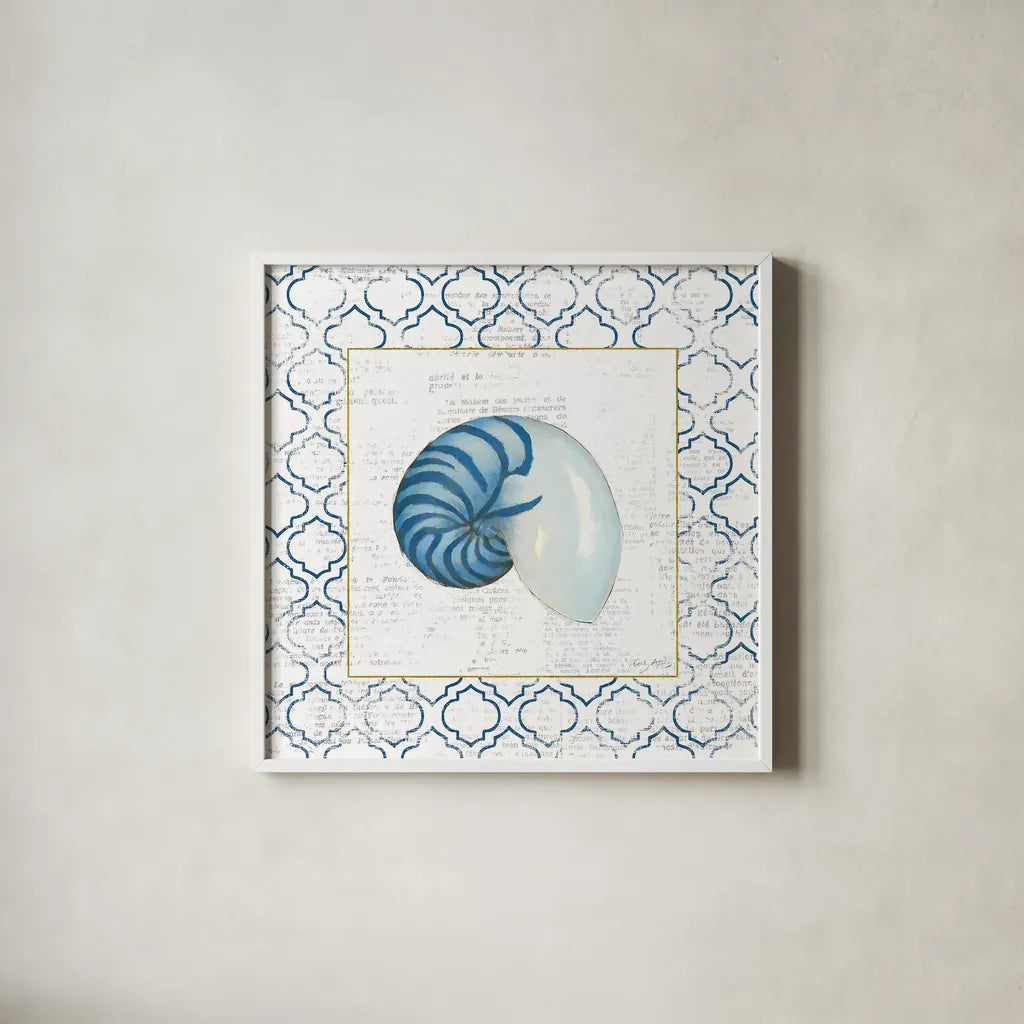 Navy Nautilus Shell on Newsprint with Gold by Emily Adams. Shown in a crisp white glass frame for a clean and minimalist style. Available as an archival giclee rolled canvas, fine art paper, or poster print. SKU 23559a.