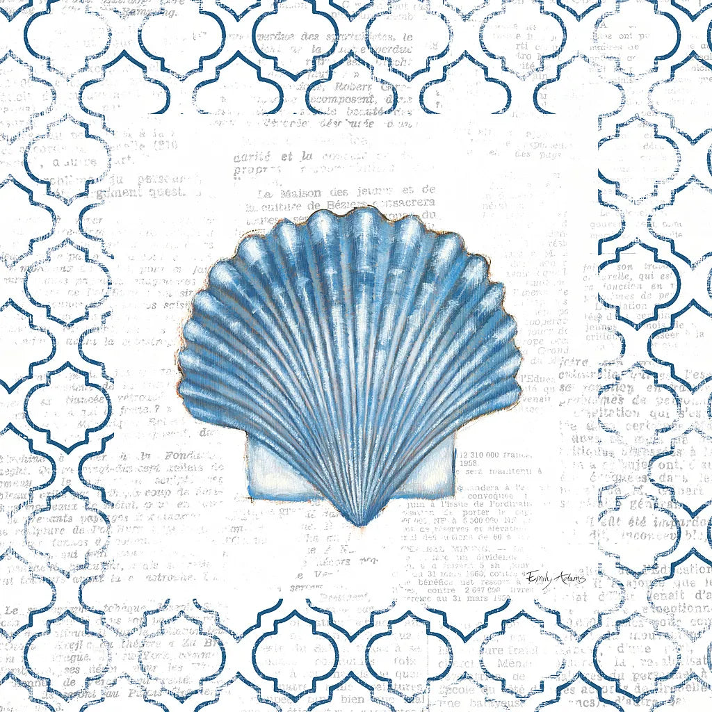 Navy Scallop Shell on Newsprint by Emily Adams. SKU 23472a. Archival Giclee Fine art print for wall decor.