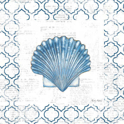 Navy Scallop Shell on Newsprint by Emily Adams. SKU 23472a. Archival Giclee Fine art print for wall decor.