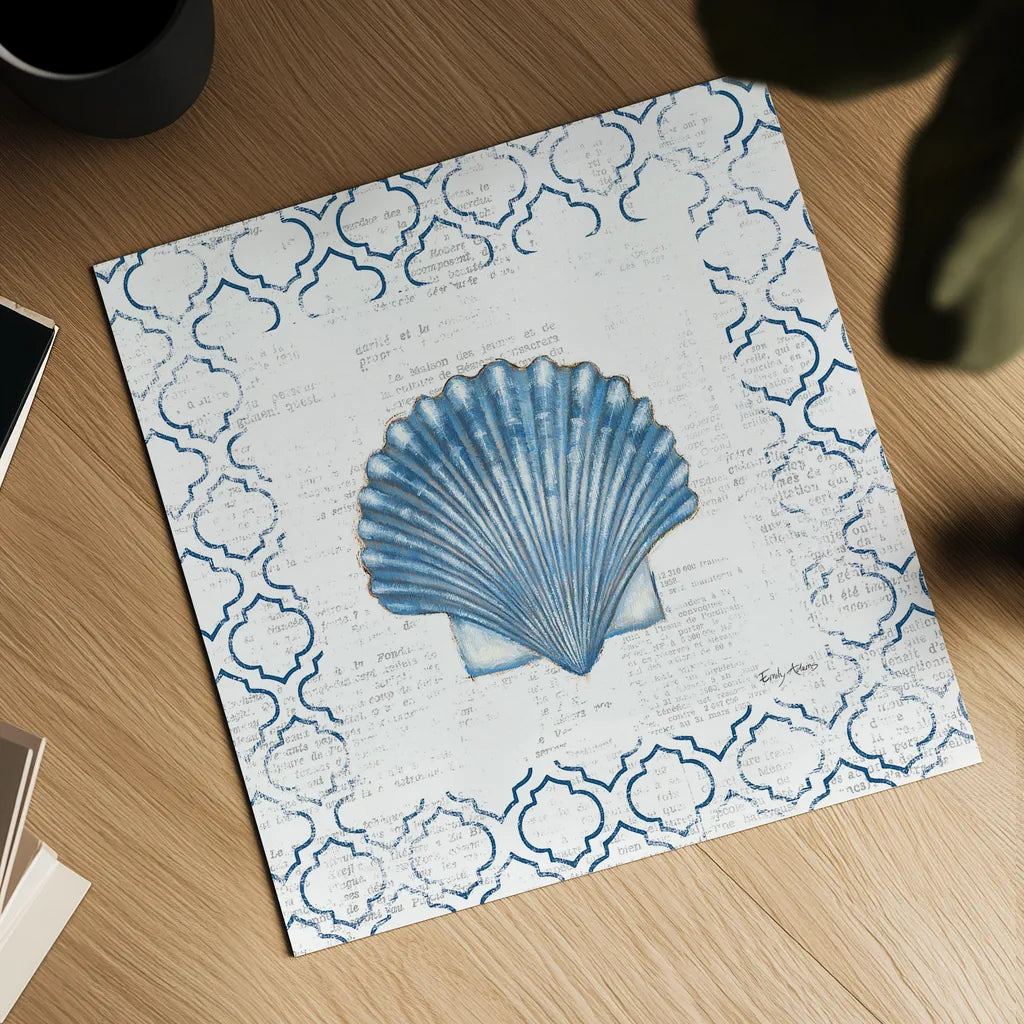 Navy Scallop Shell on Newsprint by Emily Adams. Shown as a detailed flat fine art print, highlighting archival giclee quality. Available as an archival giclee rolled canvas, fine art paper, or poster print. SKU 23472a.