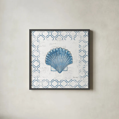 Navy Scallop Shell on Newsprint by Emily Adams. Shown in a sleek black glass frame for a contemporary gallery look. Available as an archival giclee rolled canvas, fine art paper, or poster print. SKU 23472a.