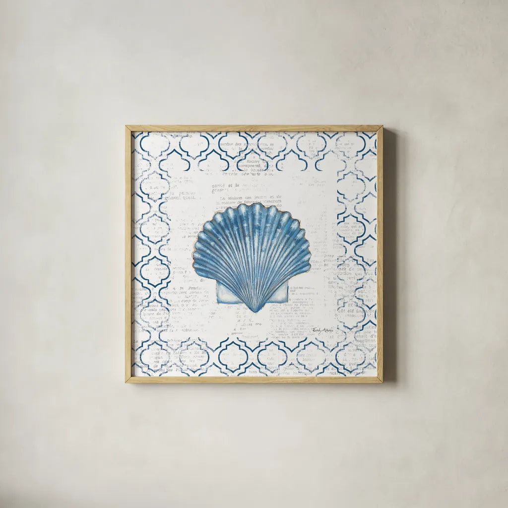 Navy Scallop Shell on Newsprint by Emily Adams. Shown in a natural wood glass frame for a timeless modern aesthetic. Available as an archival giclee rolled canvas, fine art paper, or poster print. SKU 23472a.