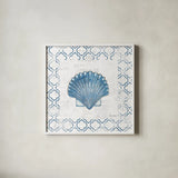 Navy Scallop Shell on Newsprint by Emily Adams. Shown in a crisp white glass frame for a clean and minimalist style. Available as an archival giclee rolled canvas, fine art paper, or poster print. SKU 23472a.