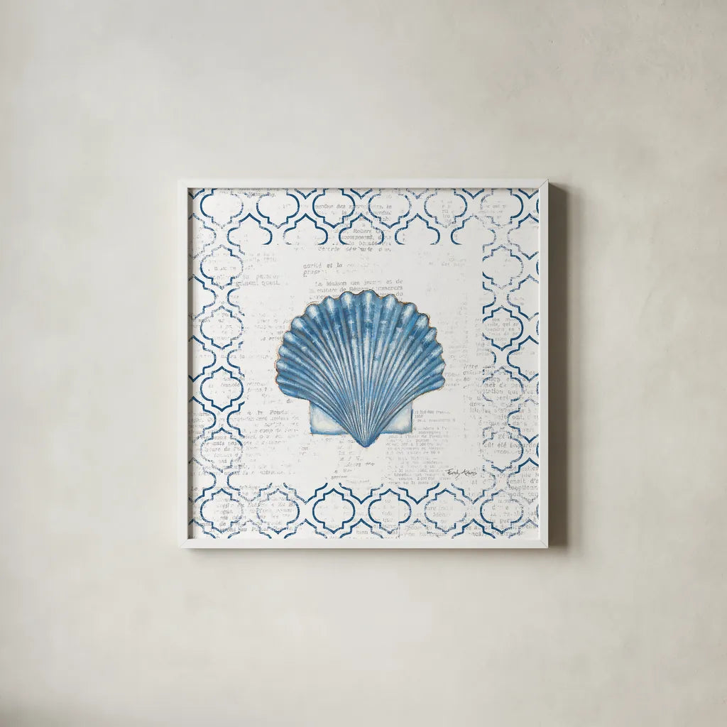 Navy Scallop Shell on Newsprint by Emily Adams. Shown in a crisp white glass frame for a clean and minimalist style. Available as an archival giclee rolled canvas, fine art paper, or poster print. SKU 23472a.