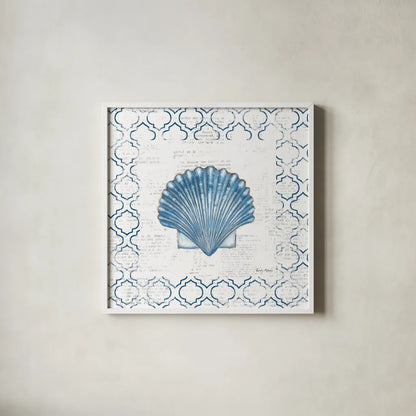 Navy Scallop Shell on Newsprint by Emily Adams. Shown in a crisp white glass frame for a clean and minimalist style. Available as an archival giclee rolled canvas, fine art paper, or poster print. SKU 23472a.