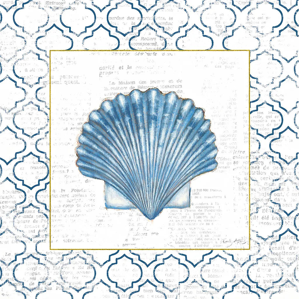 Navy Scallop Shell on Newsprint with Gold by Emily Adams. SKU 23560a. Archival Giclee Fine art print for wall decor.