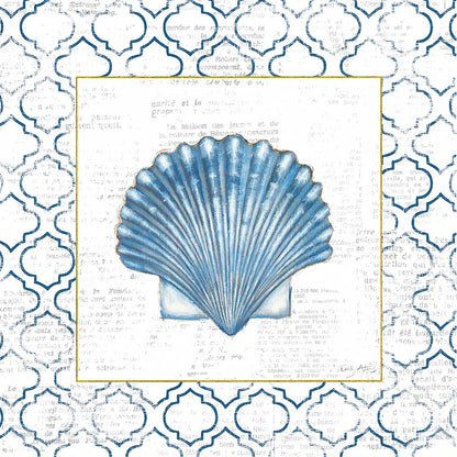 Navy Scallop Shell on Newsprint with Gold by Emily Adams. SKU 23560a. Archival Giclee Fine art print for wall decor.