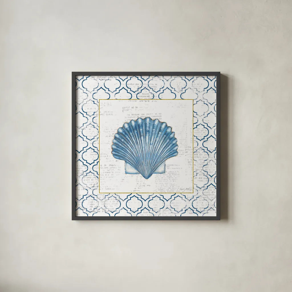 Navy Scallop Shell on Newsprint with Gold by Emily Adams. Shown in a sleek black glass frame for a contemporary gallery look. Available as an archival giclee rolled canvas, fine art paper, or poster print. SKU 23560a.