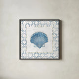 Navy Scallop Shell on Newsprint with Gold by Emily Adams. Shown in a sleek black glass frame for a contemporary gallery look. Available as an archival giclee rolled canvas, fine art paper, or poster print. SKU 23560a.