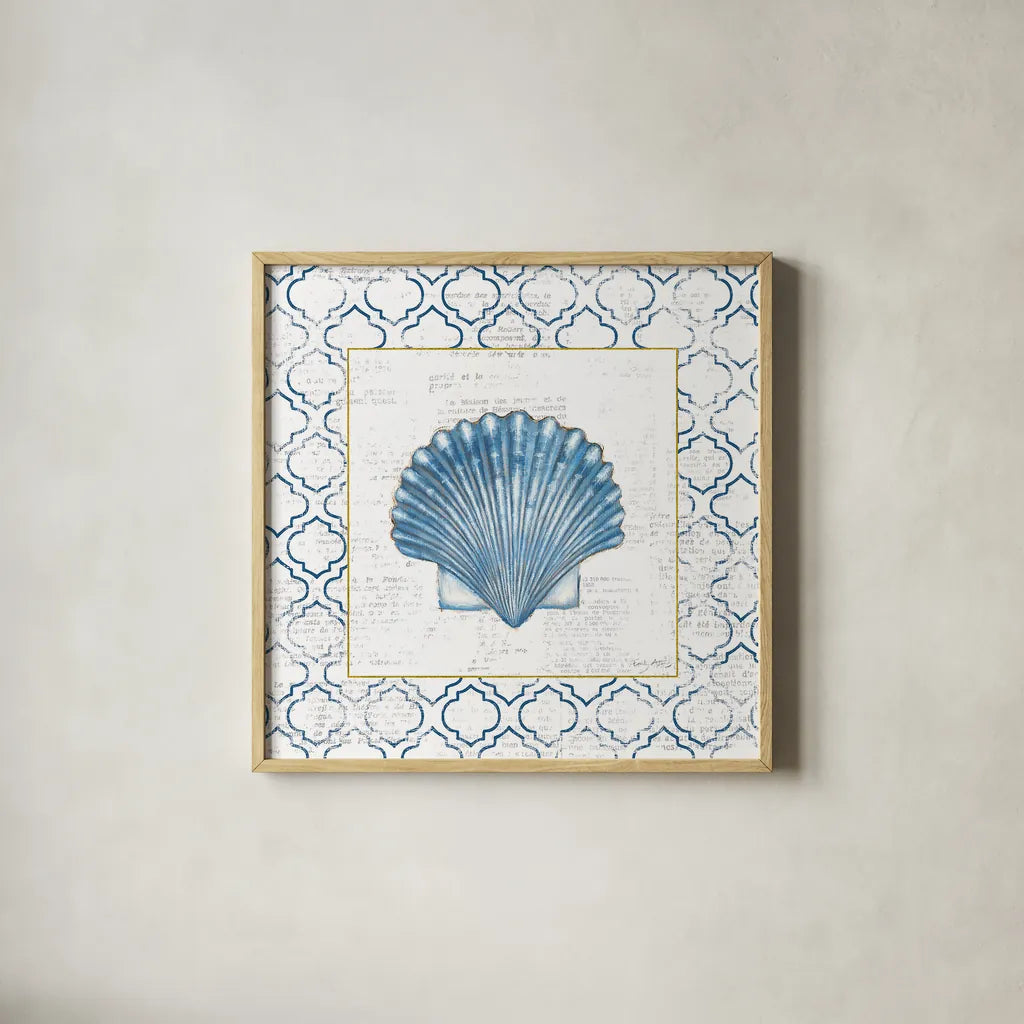 Navy Scallop Shell on Newsprint with Gold by Emily Adams. Shown in a natural wood glass frame for a timeless modern aesthetic. Available as an archival giclee rolled canvas, fine art paper, or poster print. SKU 23560a.