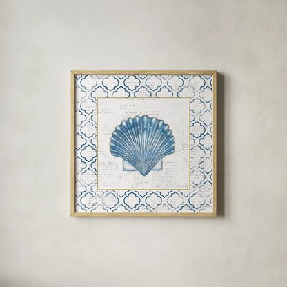 Navy Scallop Shell on Newsprint with Gold by Emily Adams. Shown in a natural wood glass frame for a timeless modern aesthetic. Available as an archival giclee rolled canvas, fine art paper, or poster print. SKU 23560a.