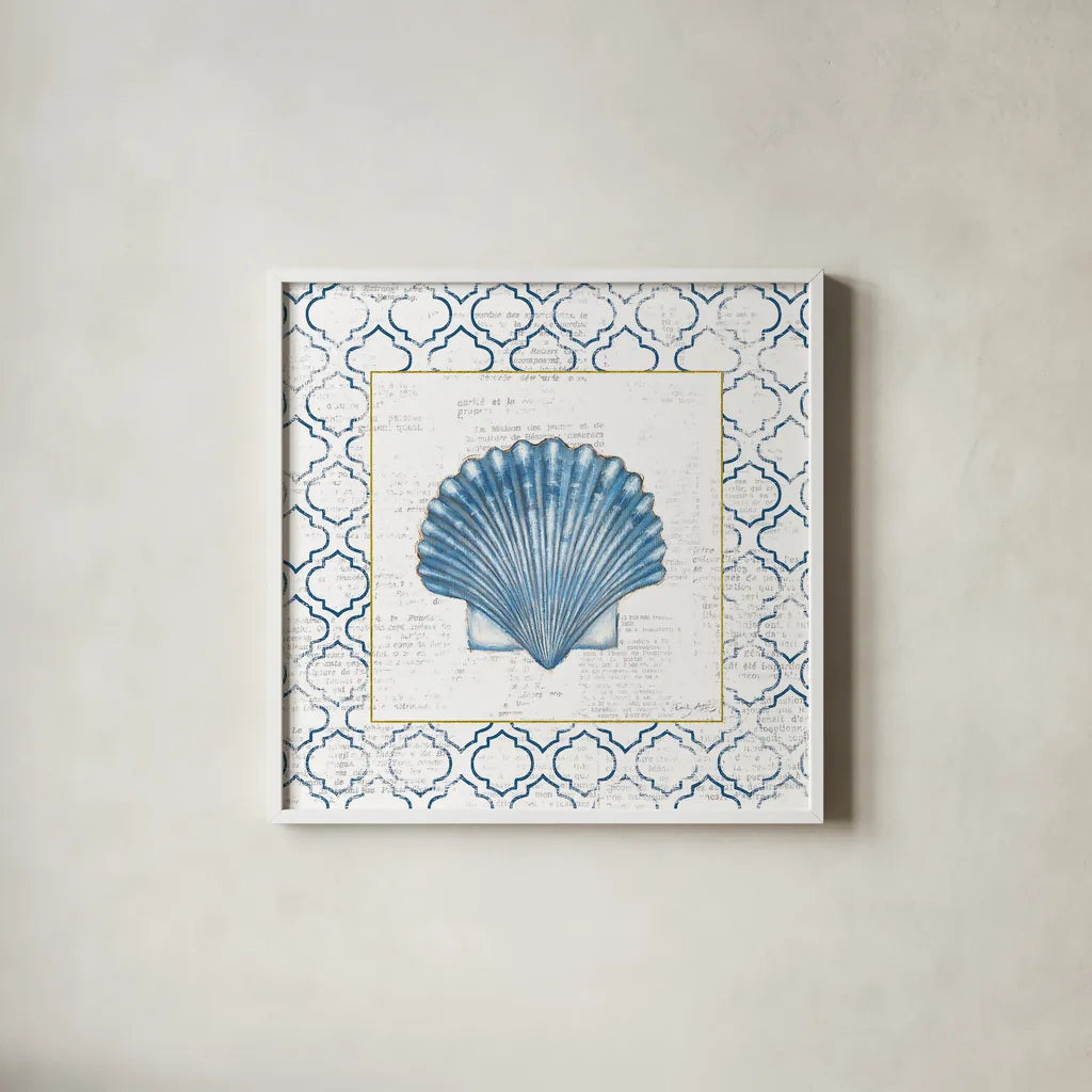 Navy Scallop Shell on Newsprint with Gold by Emily Adams. Shown in a crisp white glass frame for a clean and minimalist style. Available as an archival giclee rolled canvas, fine art paper, or poster print. SKU 23560a.