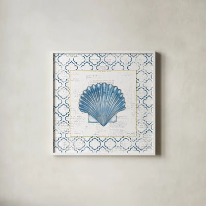 Navy Scallop Shell on Newsprint with Gold by Emily Adams. Shown in a crisp white glass frame for a clean and minimalist style. Available as an archival giclee rolled canvas, fine art paper, or poster print. SKU 23560a.