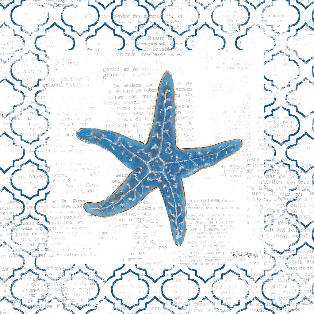 Navy Starfish on Newsprint by Emily Adams. SKU 23473a. Archival Giclee Fine art print for wall decor.