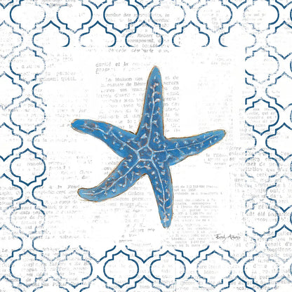 Navy Starfish on Newsprint by Emily Adams. SKU 23473a. Archival Giclee Fine art print for wall decor.