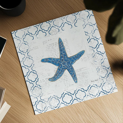 Navy Starfish on Newsprint by Emily Adams. Shown as a detailed flat fine art print, highlighting archival giclee quality. Available as an archival giclee rolled canvas, fine art paper, or poster print. SKU 23473a.