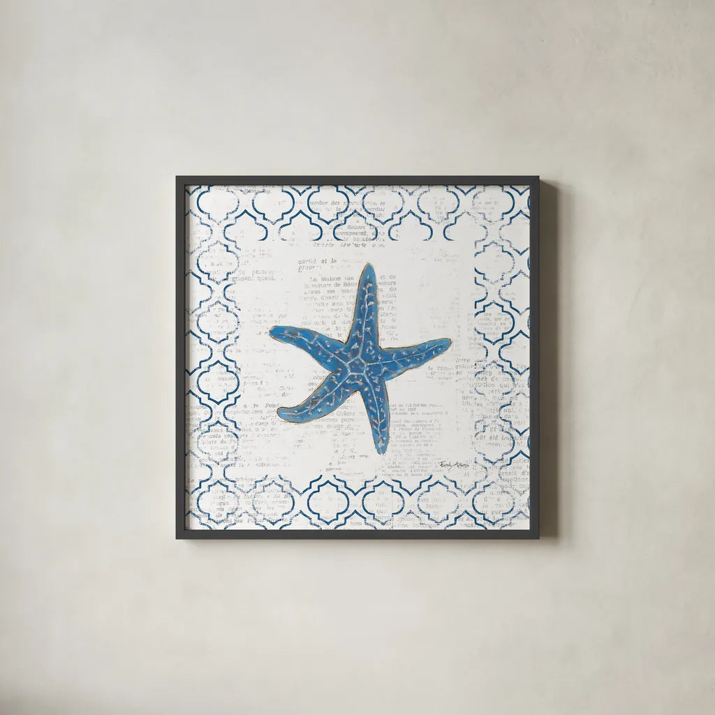 Navy Starfish on Newsprint by Emily Adams. Shown in a sleek black glass frame for a contemporary gallery look. Available as an archival giclee rolled canvas, fine art paper, or poster print. SKU 23473a.
