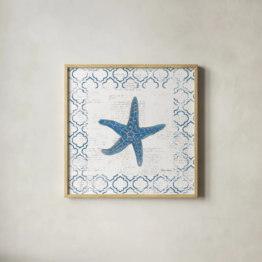 Navy Starfish on Newsprint by Emily Adams. Shown in a natural wood glass frame for a timeless modern aesthetic. Available as an archival giclee rolled canvas, fine art paper, or poster print. SKU 23473a.