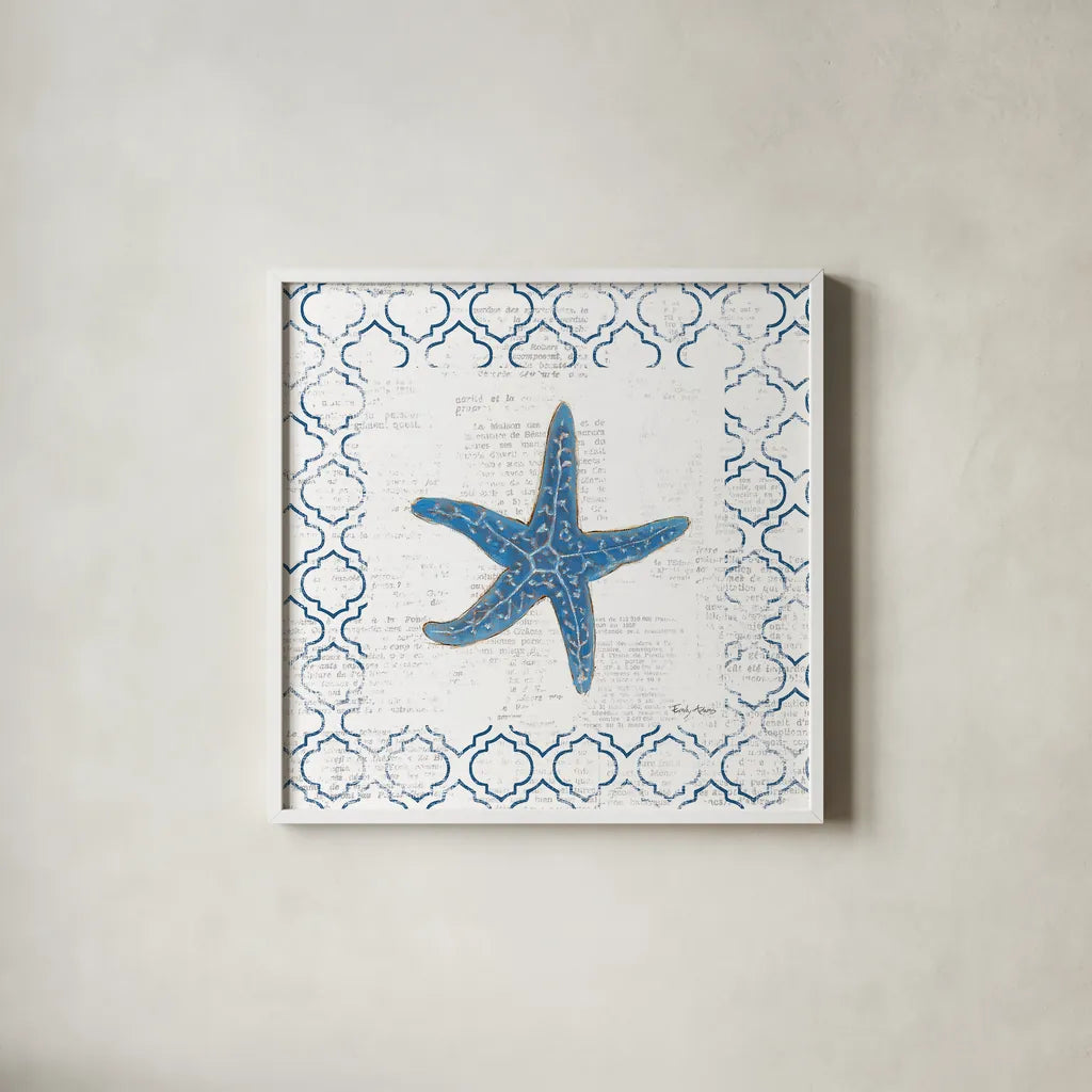Navy Starfish on Newsprint by Emily Adams. Shown in a crisp white glass frame for a clean and minimalist style. Available as an archival giclee rolled canvas, fine art paper, or poster print. SKU 23473a.