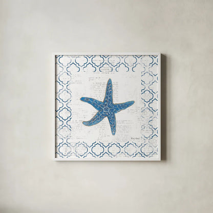 Navy Starfish on Newsprint by Emily Adams. Shown in a crisp white glass frame for a clean and minimalist style. Available as an archival giclee rolled canvas, fine art paper, or poster print. SKU 23473a.