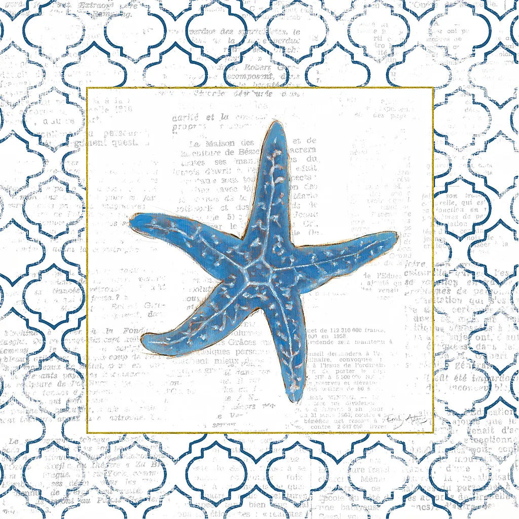Navy Starfish on Newsprint with Gold by Emily Adams. SKU 23561a. Archival Giclee Fine art print for wall decor.