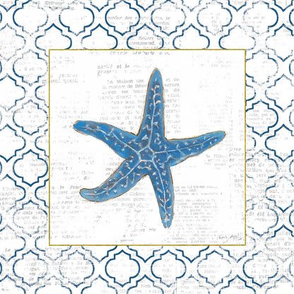 Navy Starfish on Newsprint with Gold by Emily Adams. SKU 23561a. Archival Giclee Fine art print for wall decor.