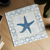 Navy Starfish on Newsprint with Gold by Emily Adams. Shown as a detailed flat fine art print, highlighting archival giclee quality. Available as an archival giclee rolled canvas, fine art paper, or poster print. SKU 23561a.