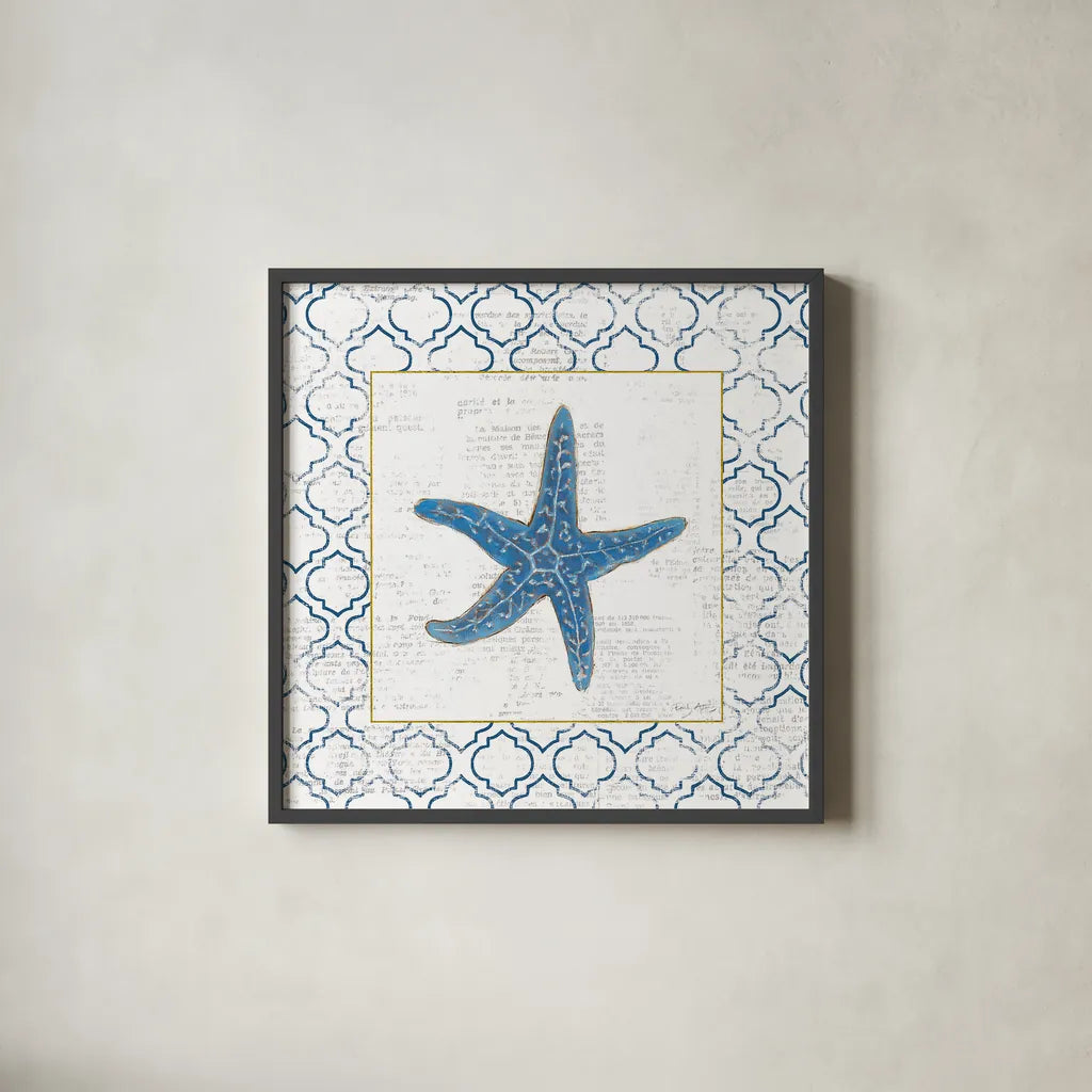 Navy Starfish on Newsprint with Gold by Emily Adams. Shown in a sleek black glass frame for a contemporary gallery look. Available as an archival giclee rolled canvas, fine art paper, or poster print. SKU 23561a.