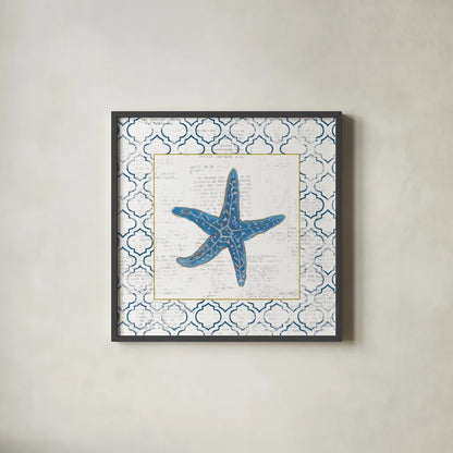 Navy Starfish on Newsprint with Gold by Emily Adams. Shown in a sleek black glass frame for a contemporary gallery look. Available as an archival giclee rolled canvas, fine art paper, or poster print. SKU 23561a.