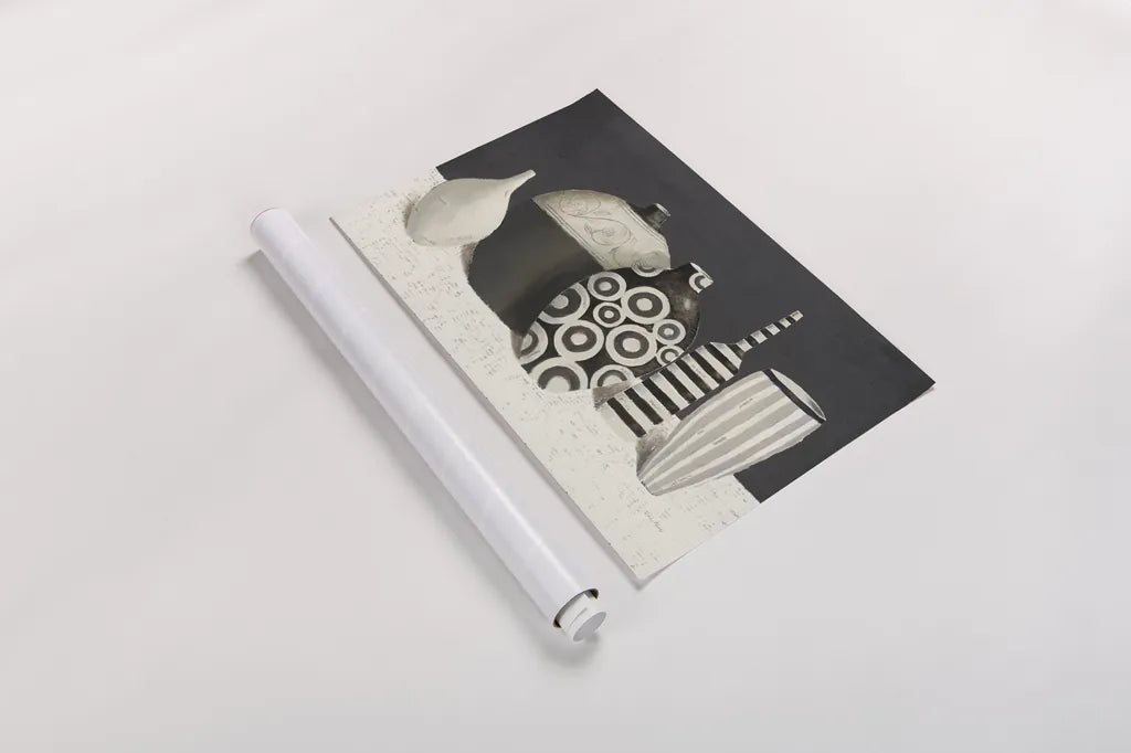 Objet d Art Charcoal by Emily Adams. shown as a rolled paper print. Available as archival giclee rolled canvas, fine art paper, or poster print. SKU 44133i.