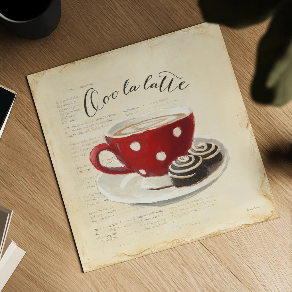 Ooo La Latte by Emily Adams. Shown as a detailed flat fine art print, highlighting archival giclee quality. Available as an archival giclee rolled canvas, fine art paper, or poster print. SKU 19055a.