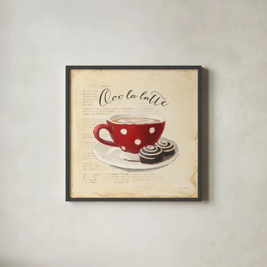 Ooo La Latte by Emily Adams. Shown in a sleek black glass frame for a contemporary gallery look. Available as an archival giclee rolled canvas, fine art paper, or poster print. SKU 19055a.
