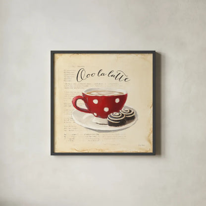 Ooo La Latte by Emily Adams. Shown in a sleek black glass frame for a contemporary gallery look. Available as an archival giclee rolled canvas, fine art paper, or poster print. SKU 19055a.