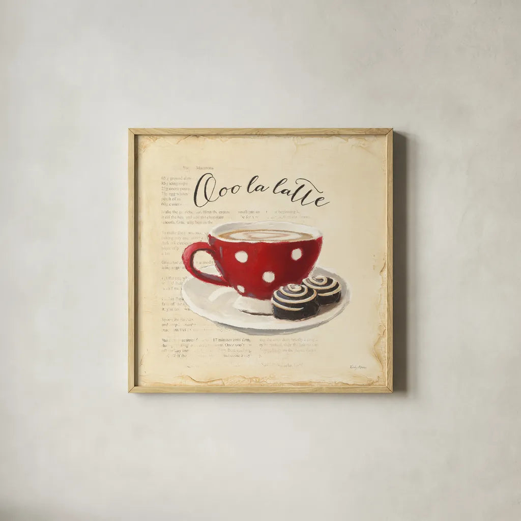 Ooo La Latte by Emily Adams. Shown in a natural wood glass frame for a timeless modern aesthetic. Available as an archival giclee rolled canvas, fine art paper, or poster print. SKU 19055a.