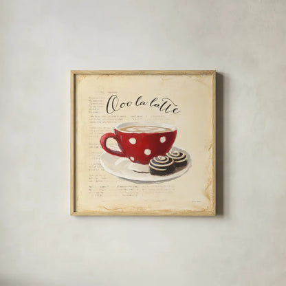 Ooo La Latte by Emily Adams. Shown in a natural wood glass frame for a timeless modern aesthetic. Available as an archival giclee rolled canvas, fine art paper, or poster print. SKU 19055a.