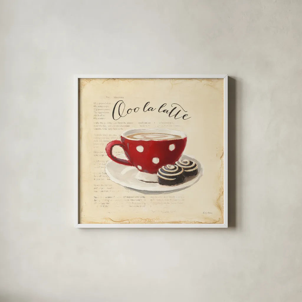 Ooo La Latte by Emily Adams. Shown in a crisp white glass frame for a clean and minimalist style. Available as an archival giclee rolled canvas, fine art paper, or poster print. SKU 19055a.