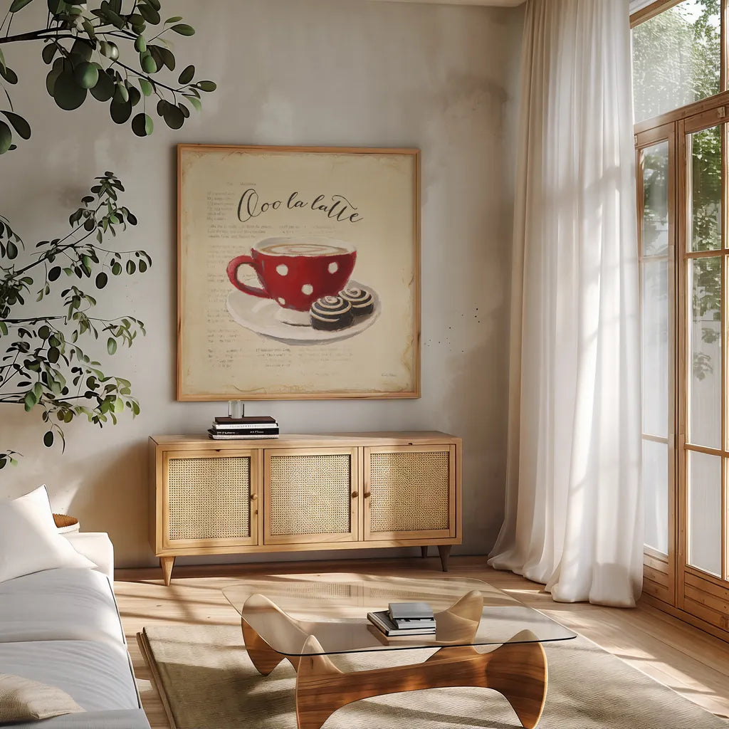 Ooo La Latte by Emily Adams. Shown in a natural wood frame in a cozy modern living room. Available as an archival giclee rolled canvas, fine art paper, or poster print. SKU 19055a.