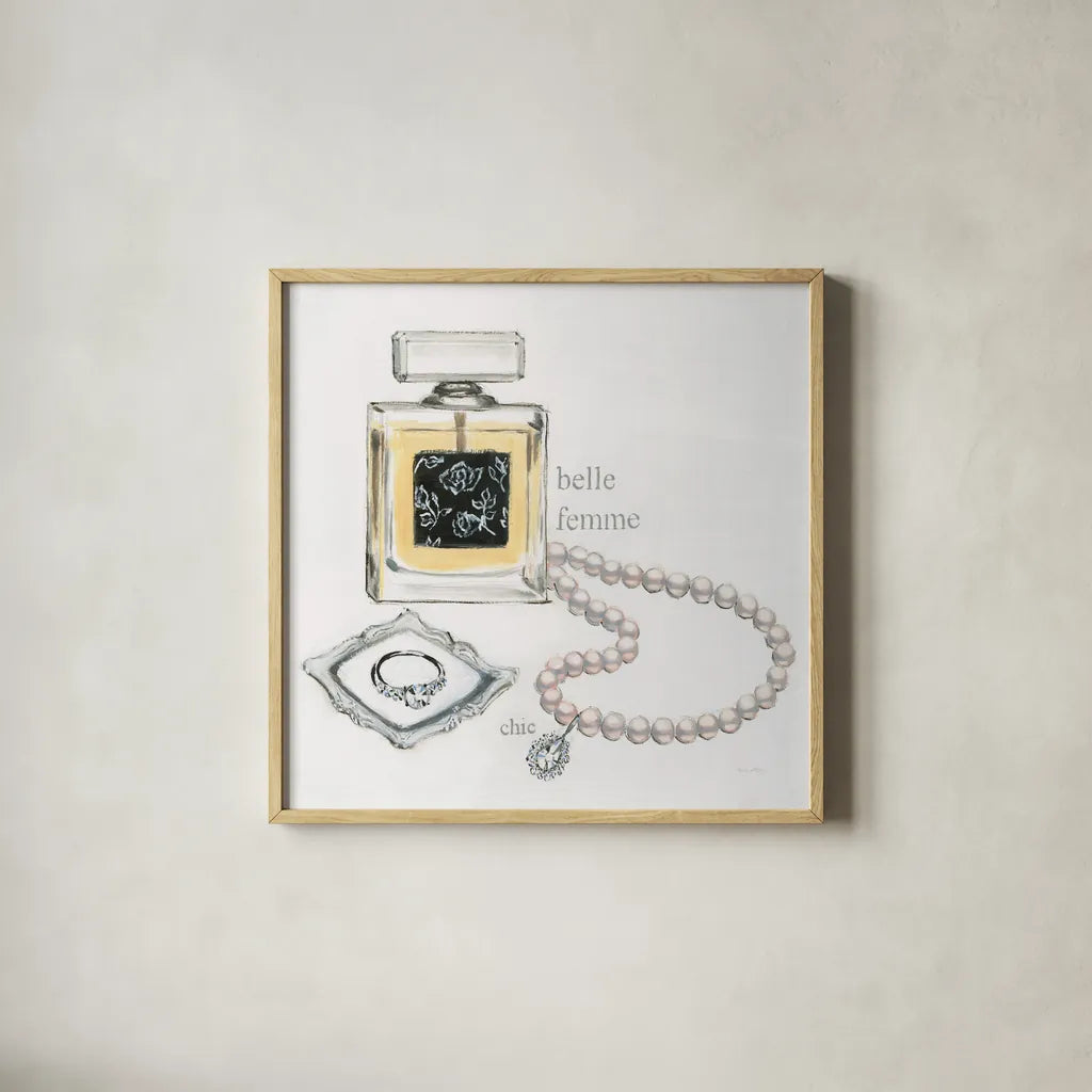 Parfum I v2 by Emily Adams. Shown in a natural wood glass frame for a timeless modern aesthetic. Available as an archival giclee rolled canvas, fine art paper, or poster print. SKU 35245a.