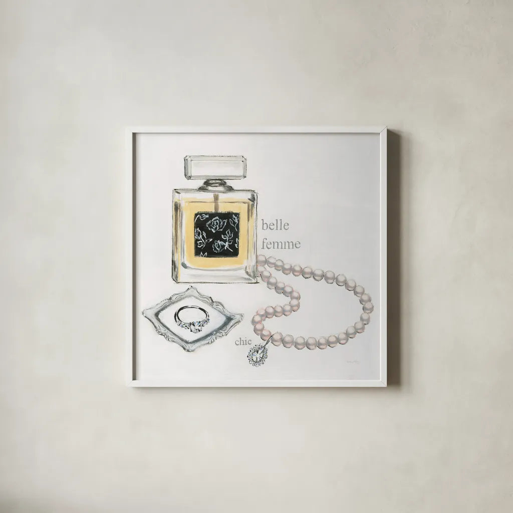 Parfum I v2 by Emily Adams. Shown in a crisp white glass frame for a clean and minimalist style. Available as an archival giclee rolled canvas, fine art paper, or poster print. SKU 35245a.