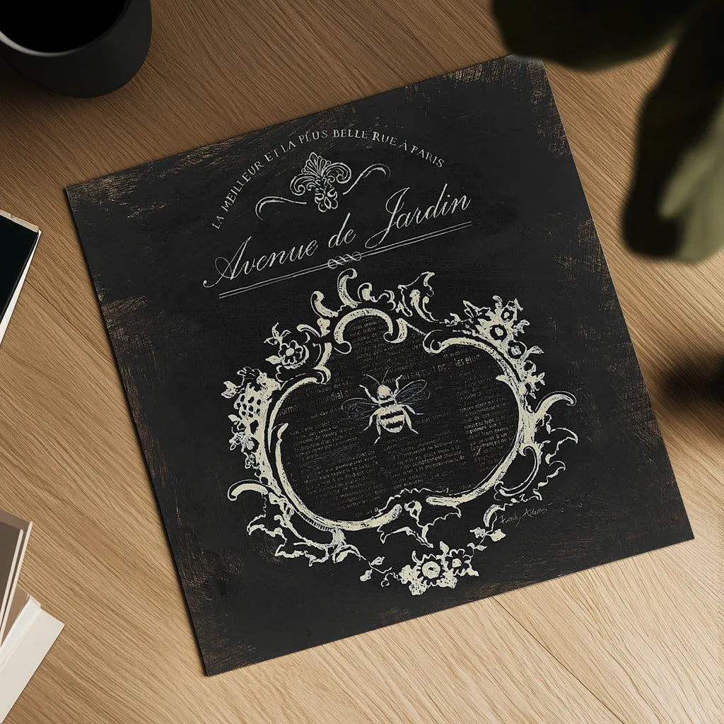 Paris Bees III Black by Emily Adams. Shown as a detailed flat fine art print, highlighting archival giclee quality. Available as an archival giclee rolled canvas, fine art paper, or poster print. SKU 34797a.