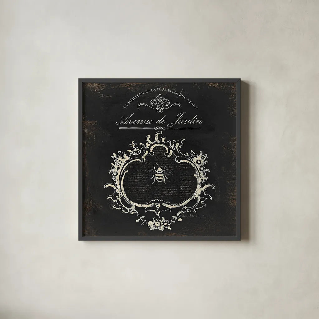 Paris Bees III Black by Emily Adams. Shown in a sleek black glass frame for a contemporary gallery look. Available as an archival giclee rolled canvas, fine art paper, or poster print. SKU 34797a.