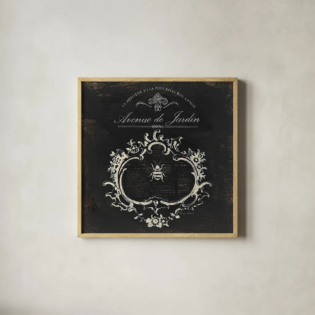 Paris Bees III Black by Emily Adams. Shown in a natural wood glass frame for a timeless modern aesthetic. Available as an archival giclee rolled canvas, fine art paper, or poster print. SKU 34797a.