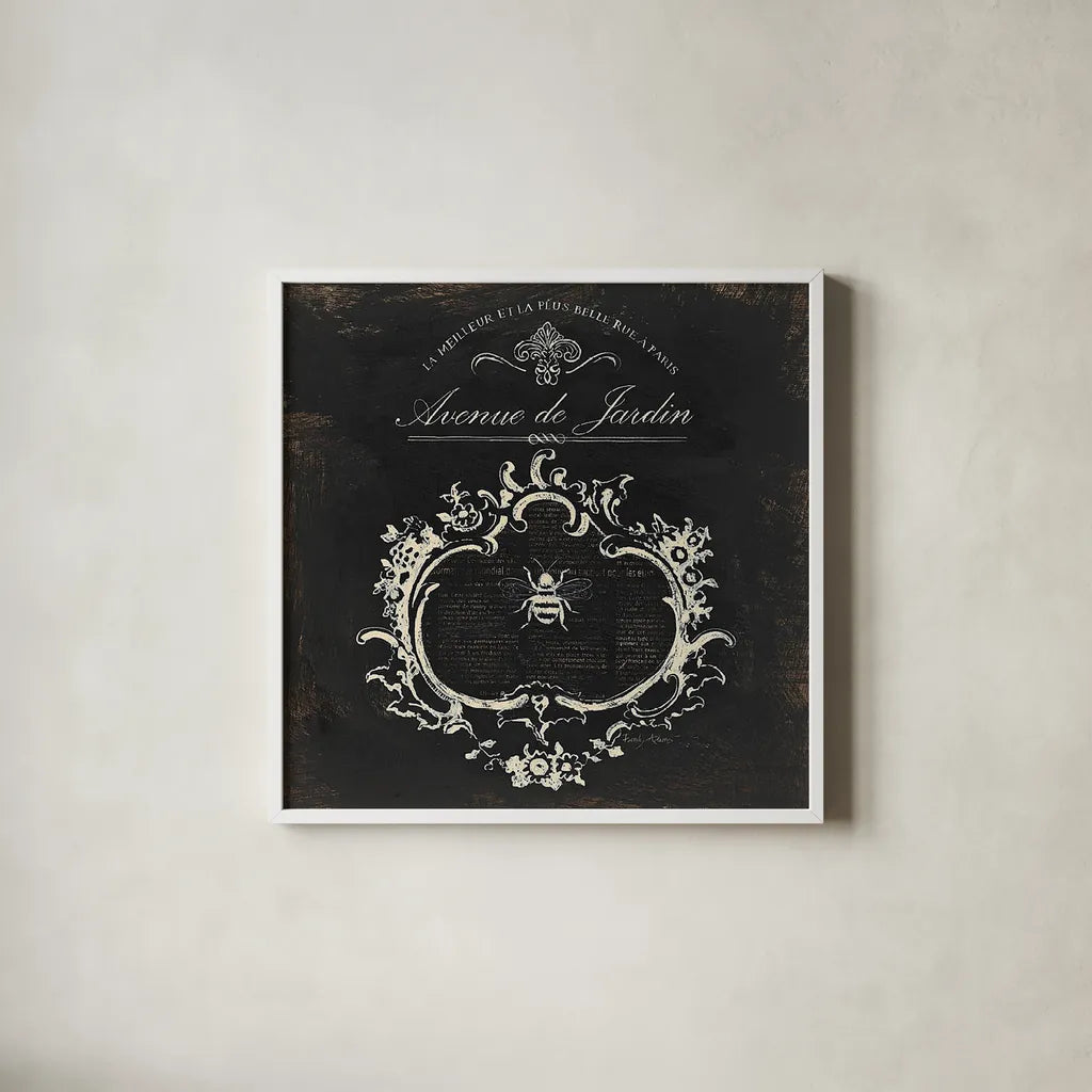 Paris Bees III Black by Emily Adams. Shown in a crisp white glass frame for a clean and minimalist style. Available as an archival giclee rolled canvas, fine art paper, or poster print. SKU 34797a.