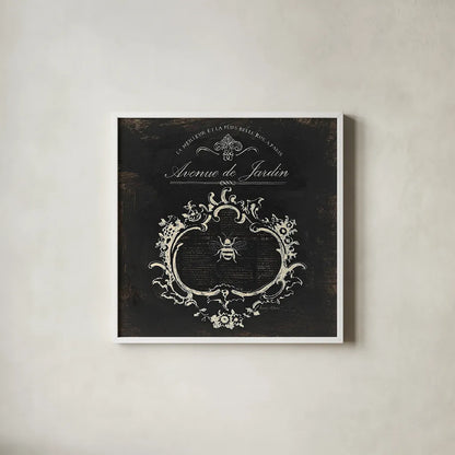 Paris Bees III Black by Emily Adams. Shown in a crisp white glass frame for a clean and minimalist style. Available as an archival giclee rolled canvas, fine art paper, or poster print. SKU 34797a.
