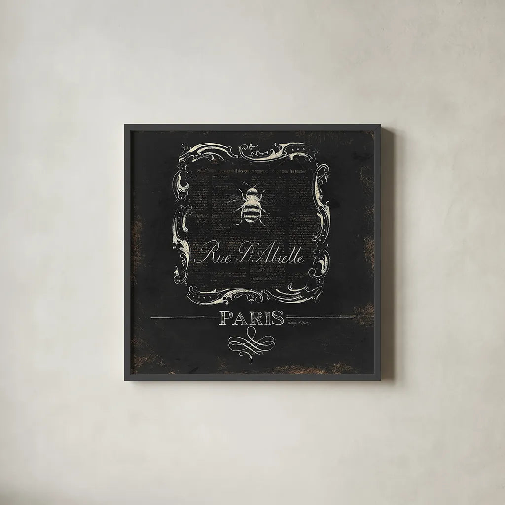 Paris Bees IV by Emily Adams. Shown in a sleek black glass frame for a contemporary gallery look. Available as an archival giclee rolled canvas, fine art paper, or poster print. SKU 34803a.