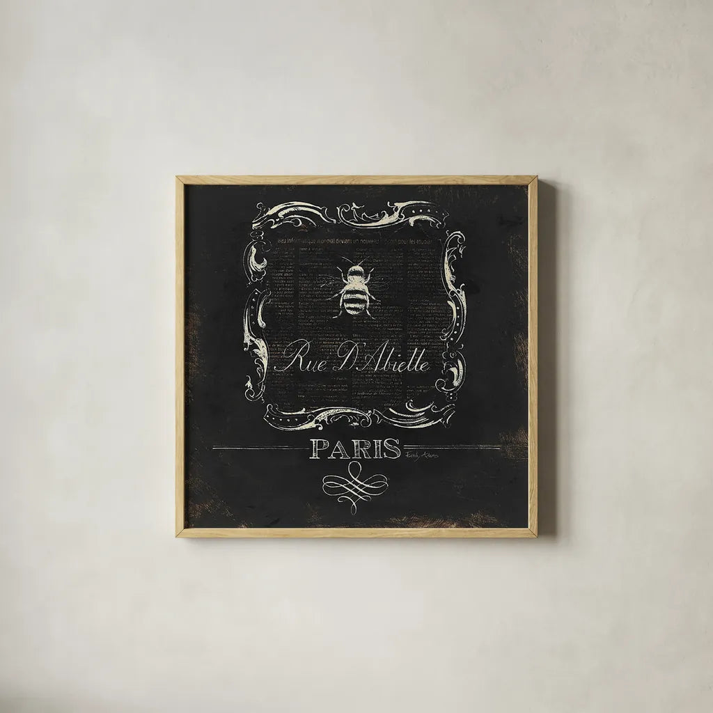 Paris Bees IV by Emily Adams. Shown in a natural wood glass frame for a timeless modern aesthetic. Available as an archival giclee rolled canvas, fine art paper, or poster print. SKU 34803a.