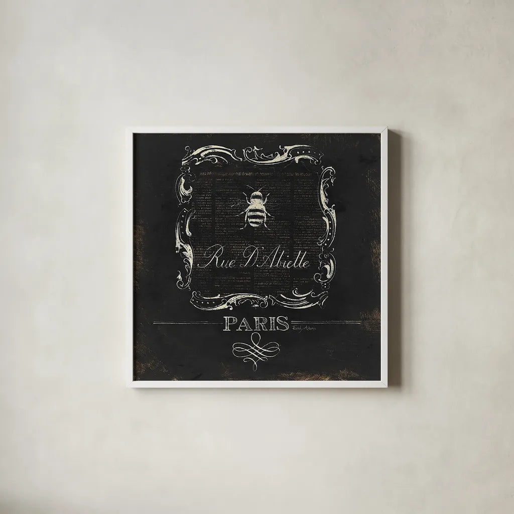 Paris Bees IV by Emily Adams. Shown in a crisp white glass frame for a clean and minimalist style. Available as an archival giclee rolled canvas, fine art paper, or poster print. SKU 34803a.