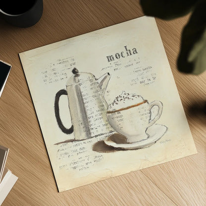 Parisian Coffee I by Emily Adams. Shown as a detailed flat fine art print, highlighting archival giclee quality. Available as an archival giclee rolled canvas, fine art paper, or poster print. SKU 11255a.